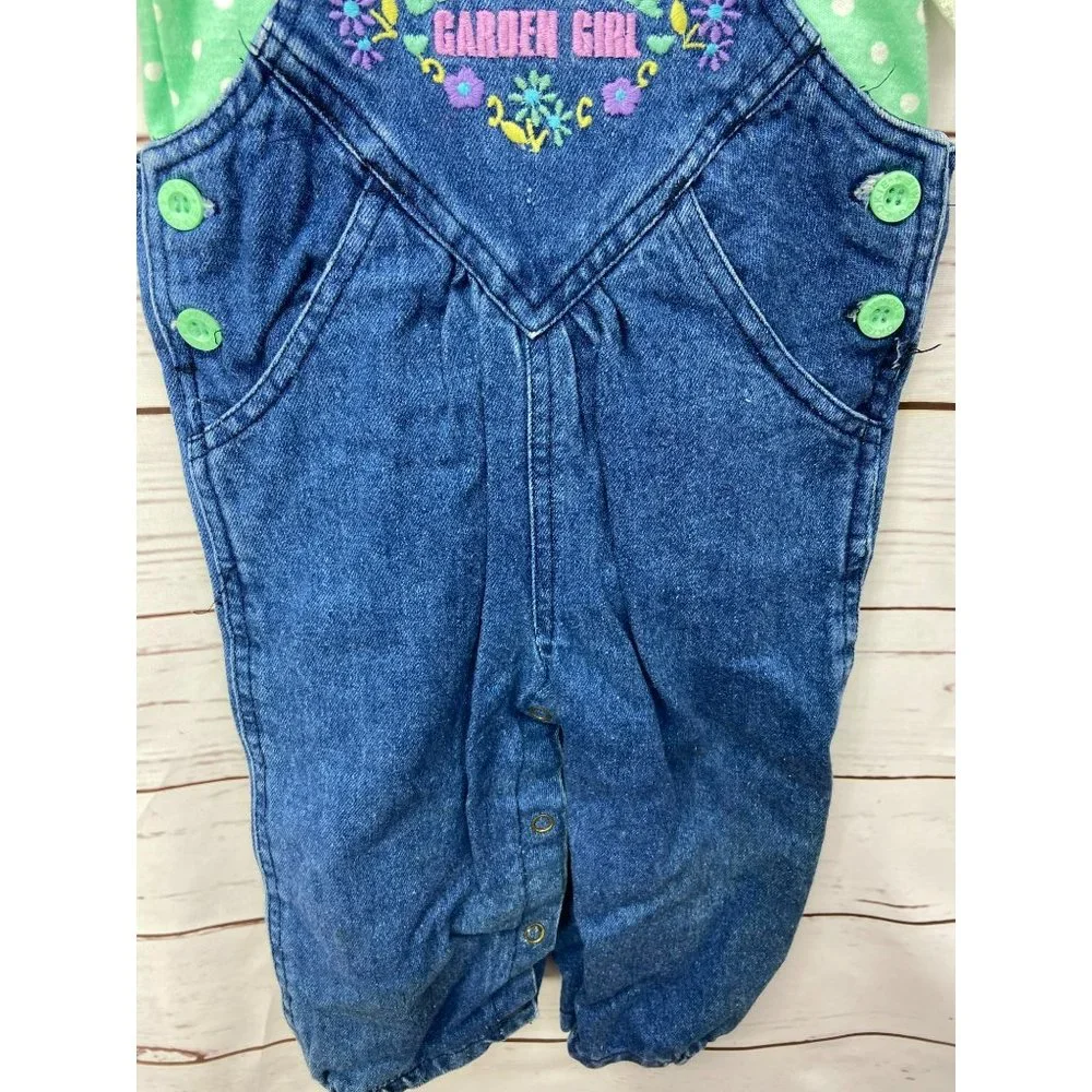 Okie‎ Dokie Garden Girl Blue Jeans Overalls With Green Polka Dotted Shirt Outfit